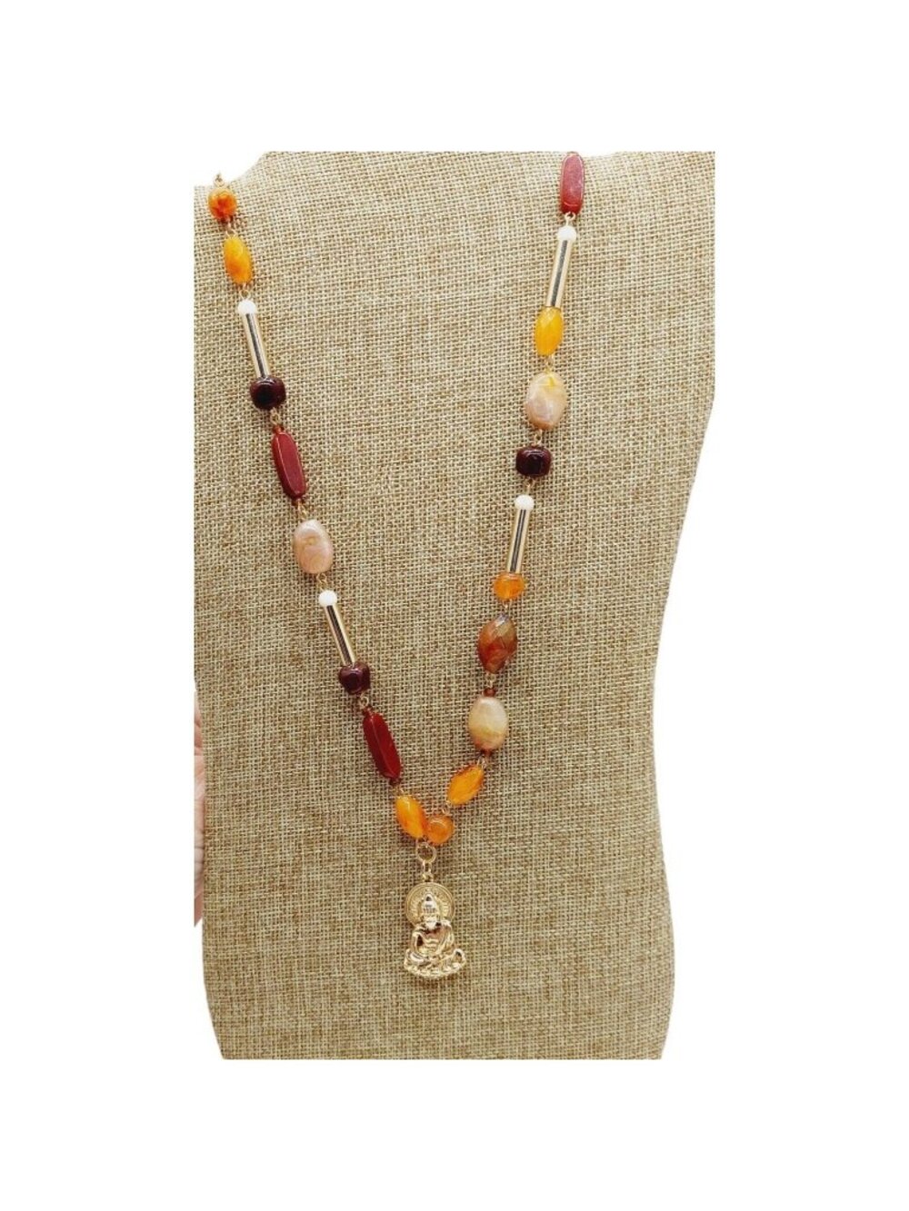 Goldtone Buddha Beaded Necklace plastic metal